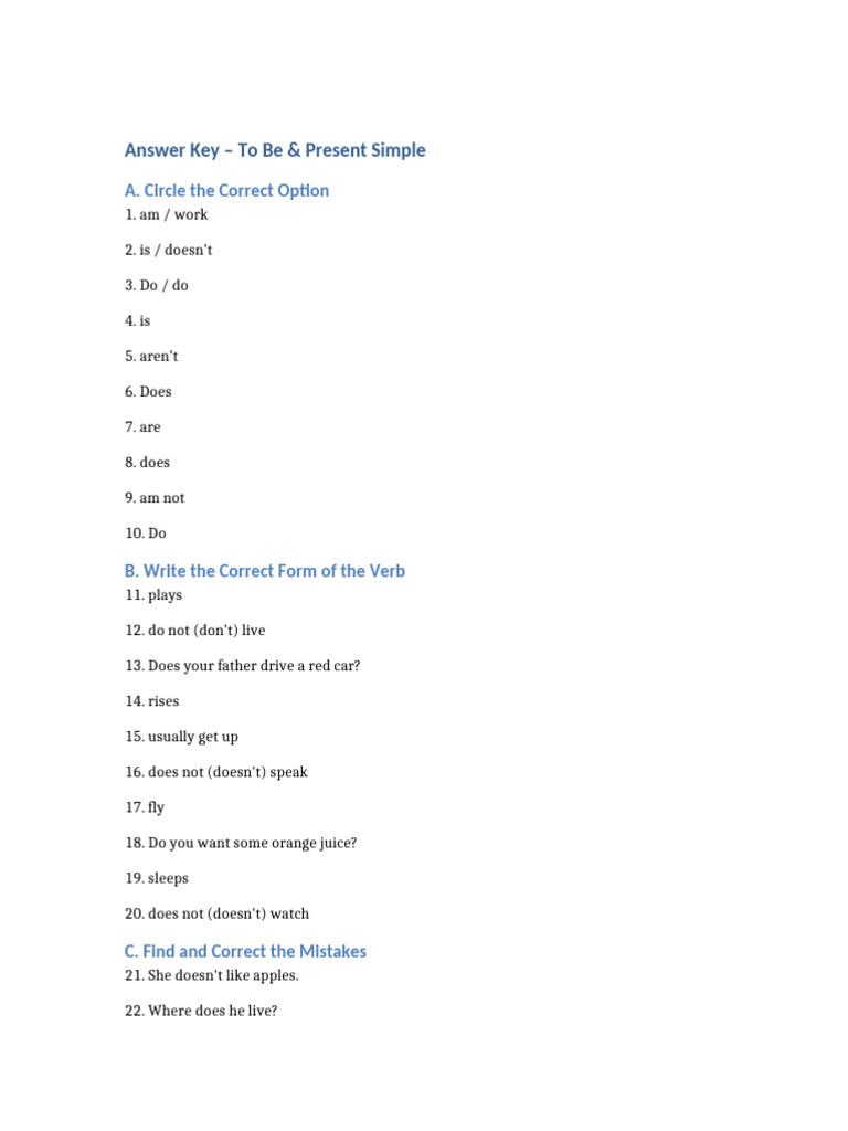 Answer Key: To Be & Present Simple | PDF