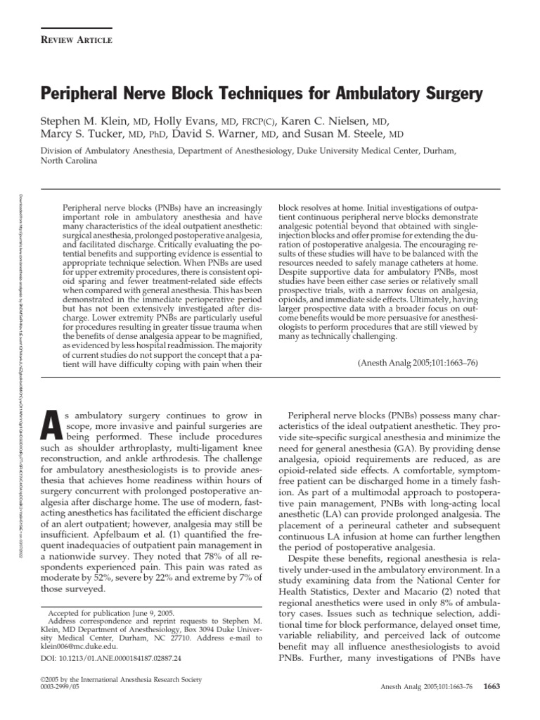 Peripheral Nerve Blocks in Outpatient Surgery | PDF | Anesthesia ...
