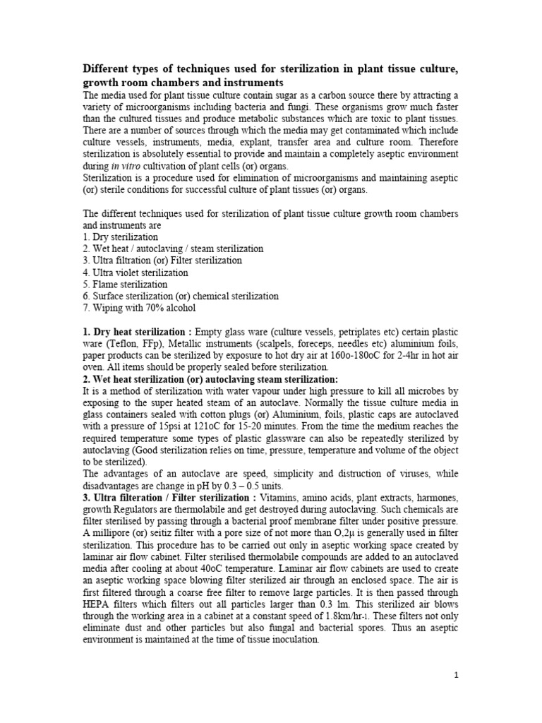 Sterilization Techniques in Plant Tissue Culture | PDF | Sterilization ...