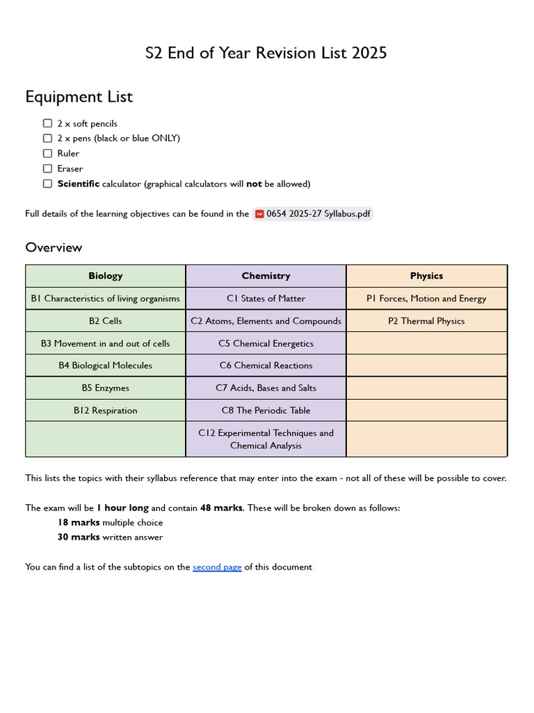 S2 2025 Exam Revision Guide | PDF | Chemistry | Chemical Reactions