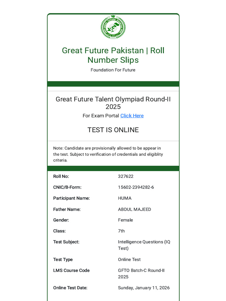 Great Future Talent Olympiad 2025 Details | PDF