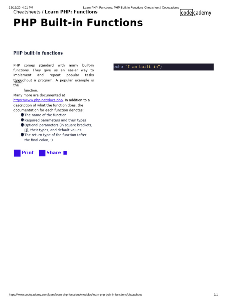 PHP Built-in Functions Cheatsheet | PDF