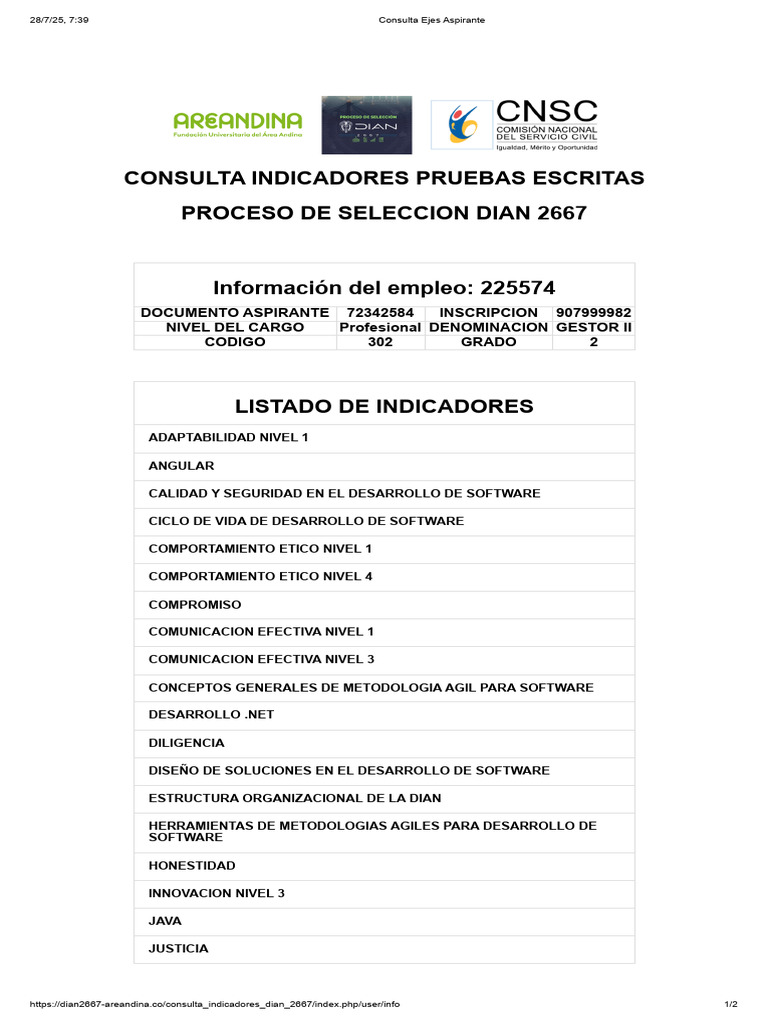 Indicadores Pruebas Escritas DIAN 2667 | PDF