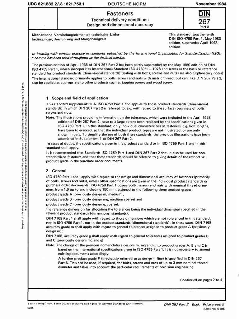 DIN 267 TEIL 2 - Fasteners, Technical Delivery Conditions. Design and ...