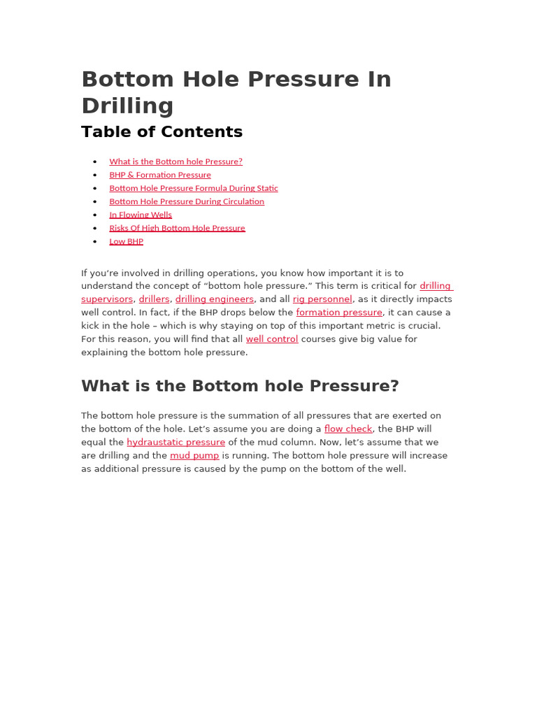 Understanding Bottom Hole Pressure in Drilling | PDF | Chemical ...