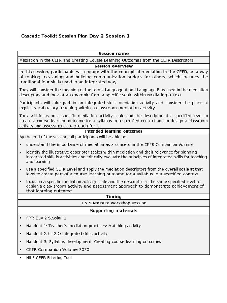 CEFR Mediation Workshop Session Plan | PDF | Mediation | Learning