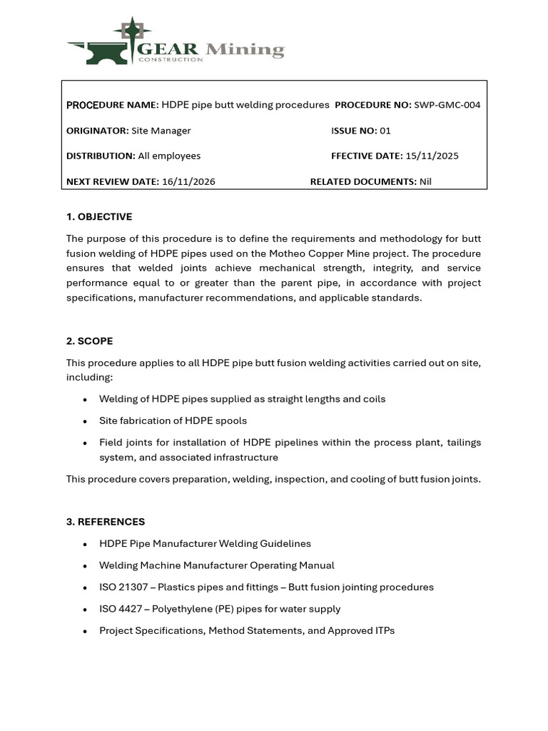 HDPE Pipe Butt Welding Procedure Guide | PDF | Pipe (Fluid Conveyance ...