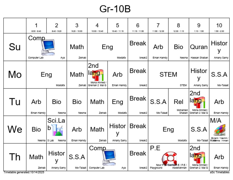 Grade 10B Timetable Overview | PDF