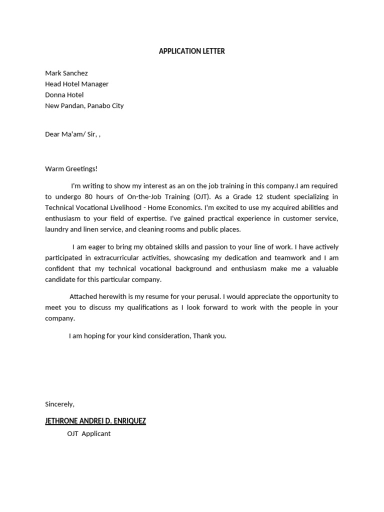 OJT Application Letter for Hotel Management | PDF
