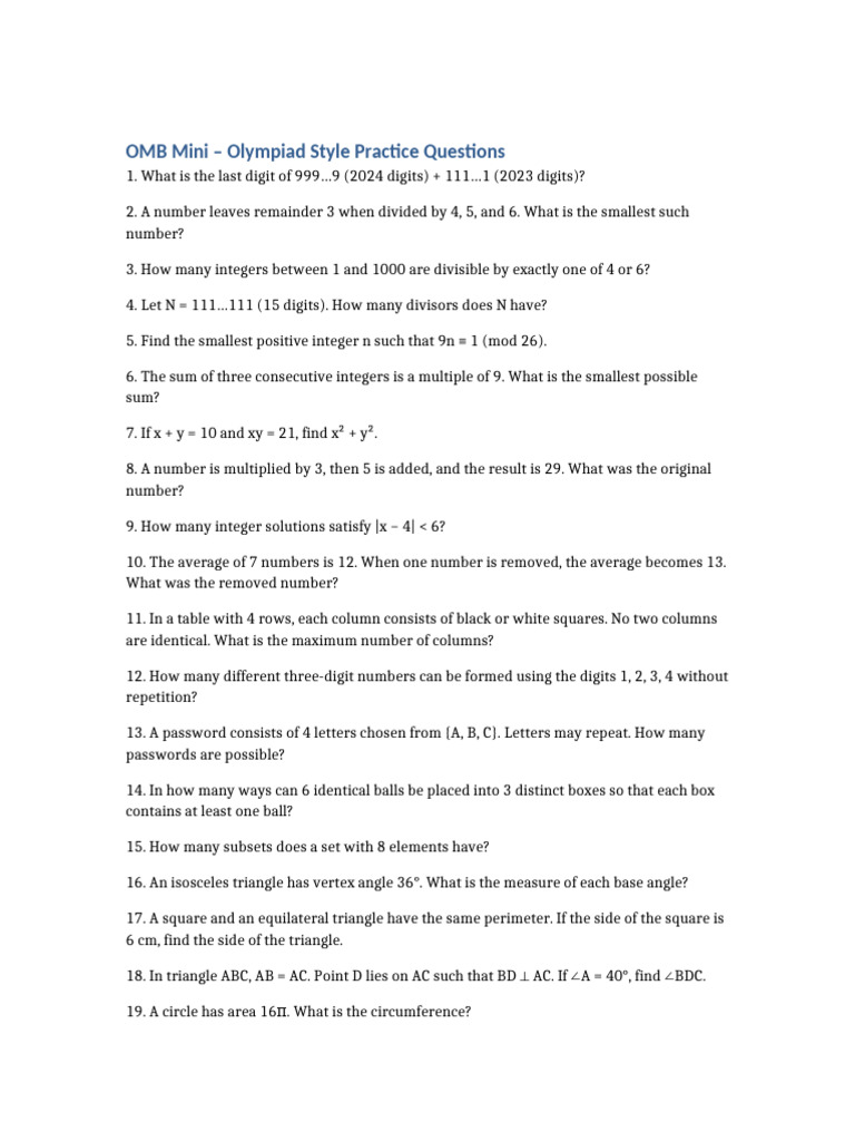 Olympiad Style Math Practice Questions | PDF