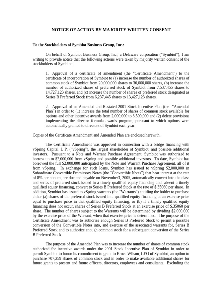 NOTICE OF ACTION BY MAJORITY WRITTEN CONSENT | PDF | Stocks | Preferred ...
