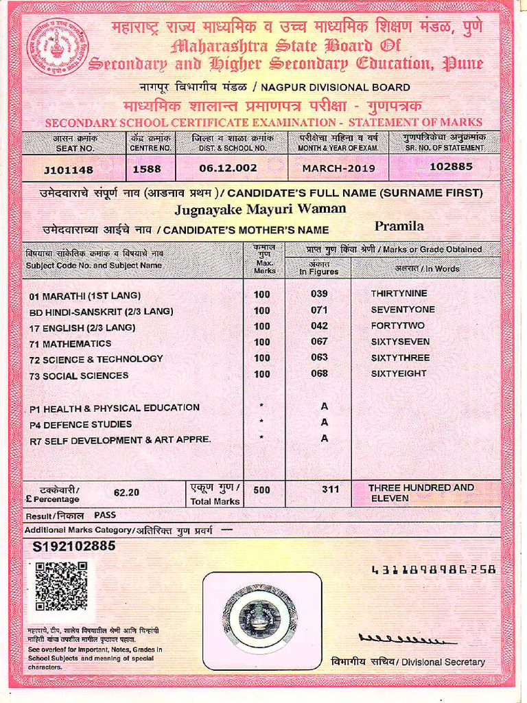 Mayuri 10th SSC Passing Certificate - Marksheet | PDF