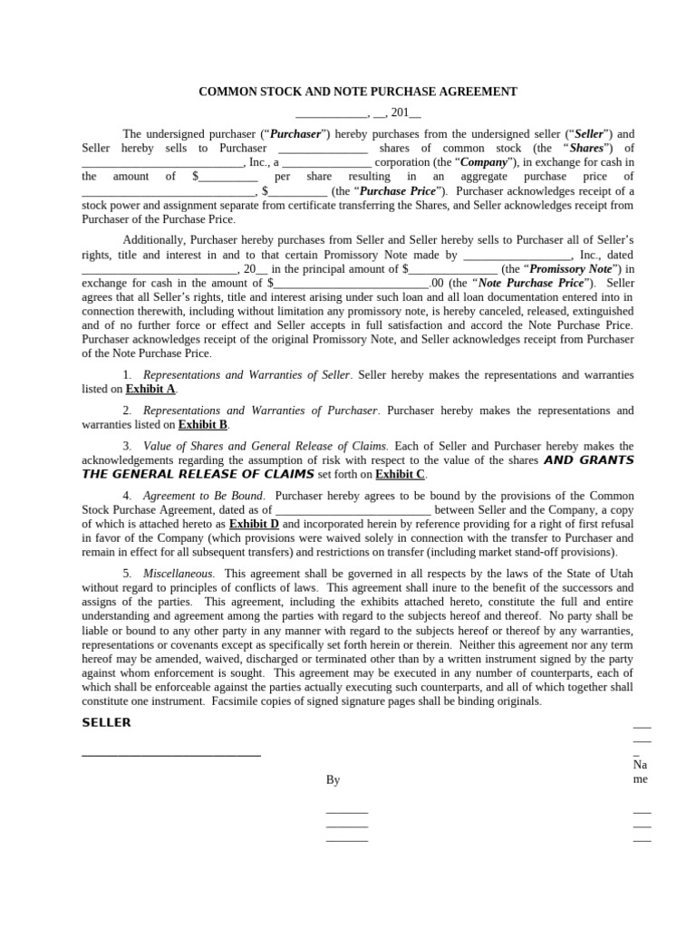 Common Stock and Note Purchase Agreement | PDF | Securities Act Of 1933 ...