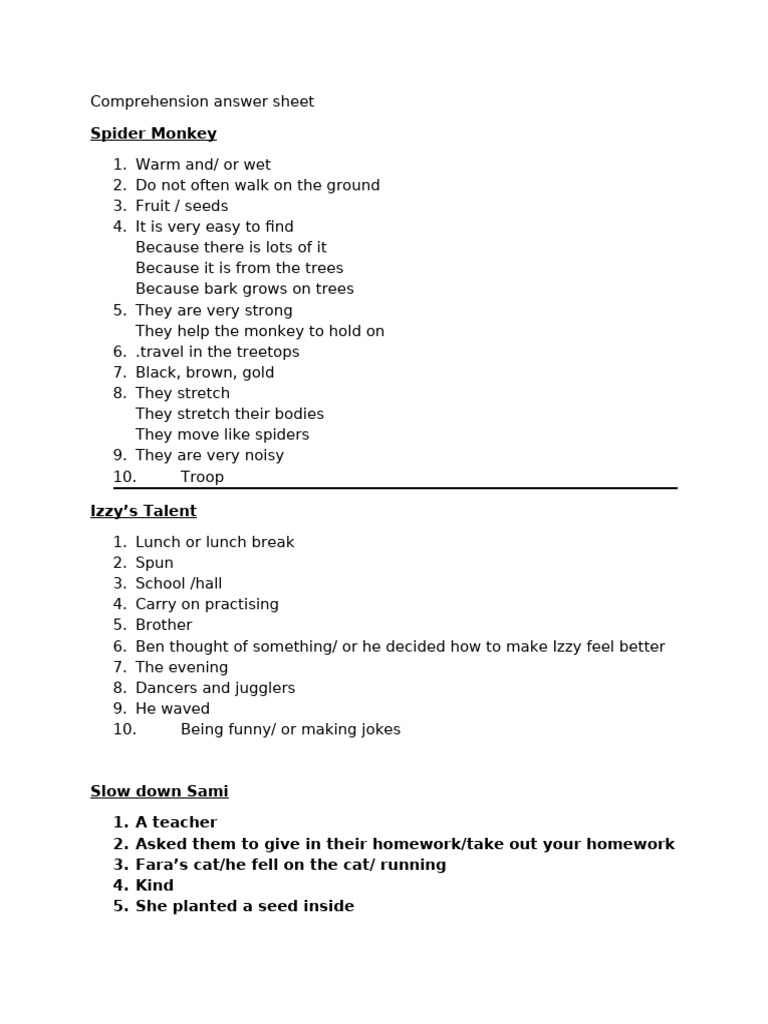 Comprehension Answer Sheet Summary | PDF