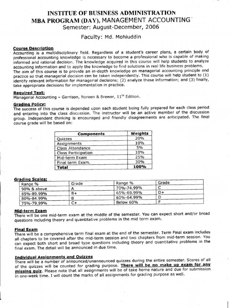 Management Accounting Course Outline | PDF