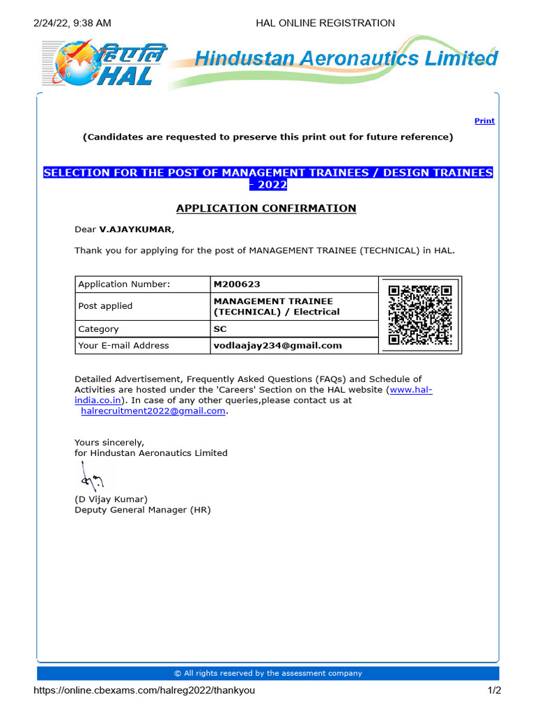 HAL Management Trainee Application Confirmation | PDF