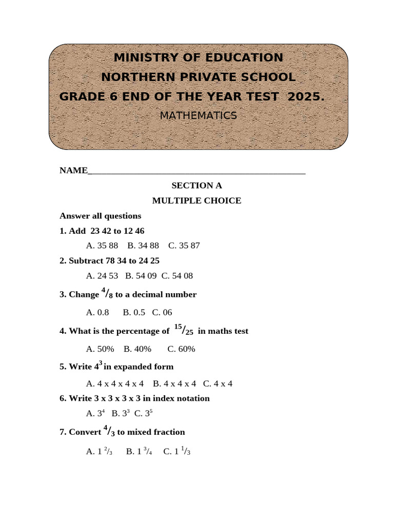 Grade 6 Math Test Questions 2025 | PDF