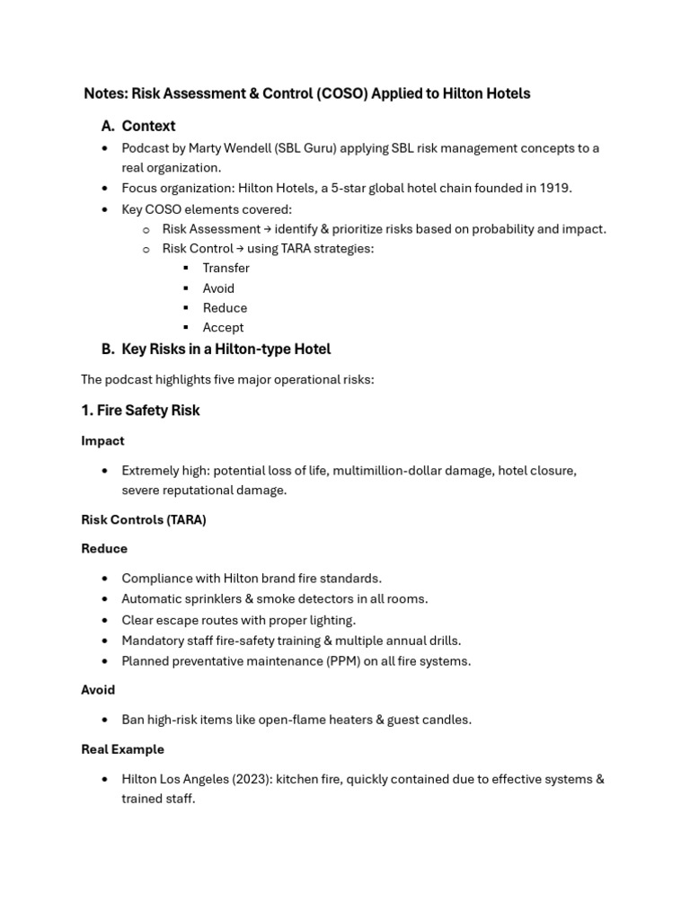 COSO Risk Management for Hilton Hotels | PDF | Risk | Fire Safety