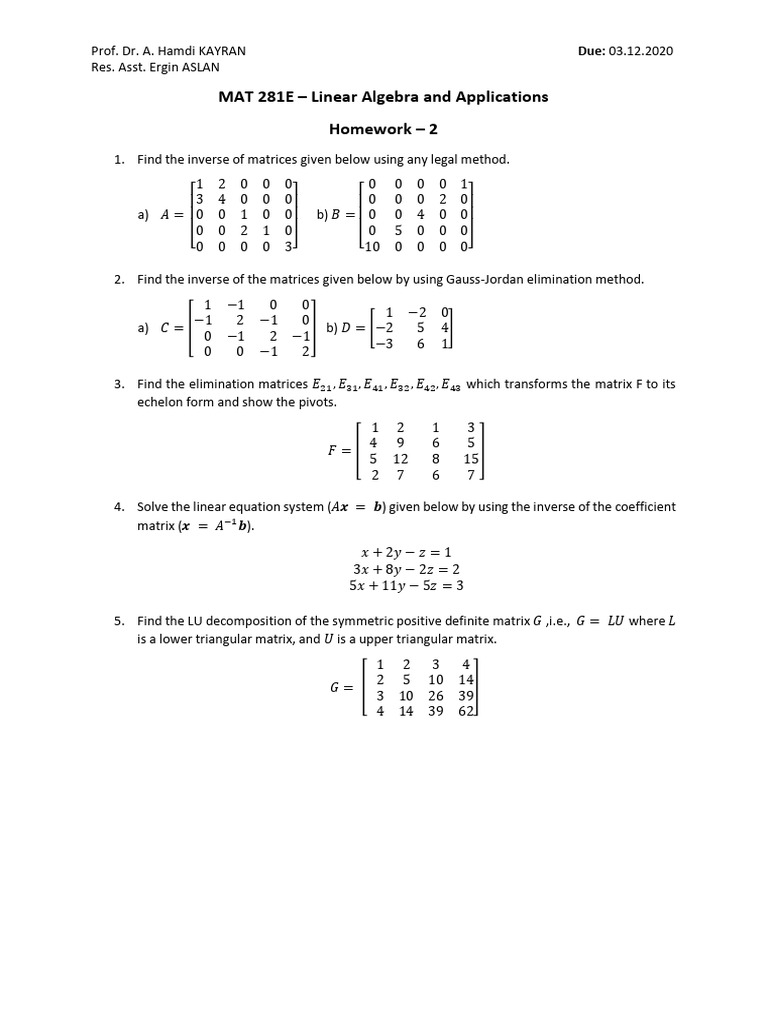 Linear Algebra Homework Solutions | PDF