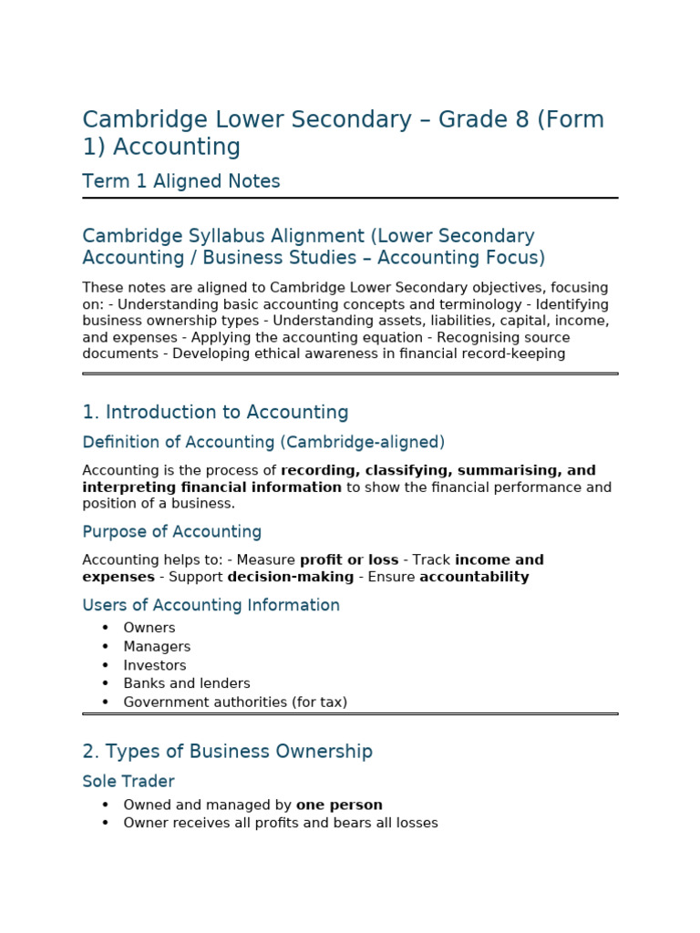 Grade 8 Accounting Notes: Cambridge Aligned | PDF | Debits And Credits ...