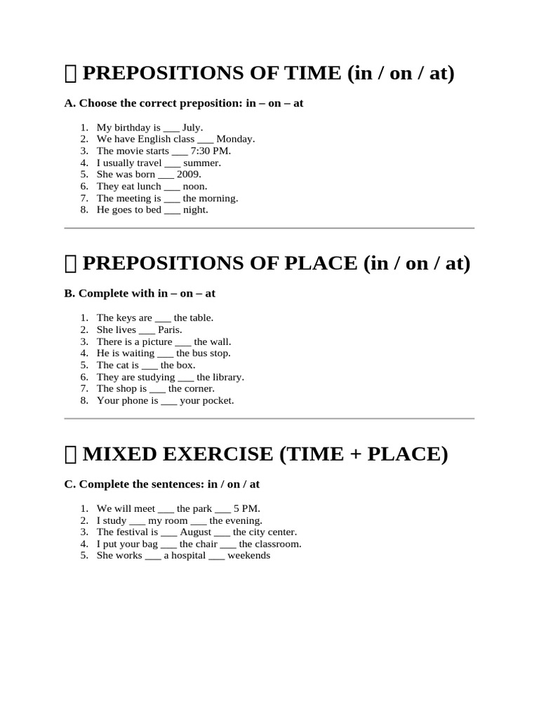 Prepositions of Time and Place Exercises | PDF