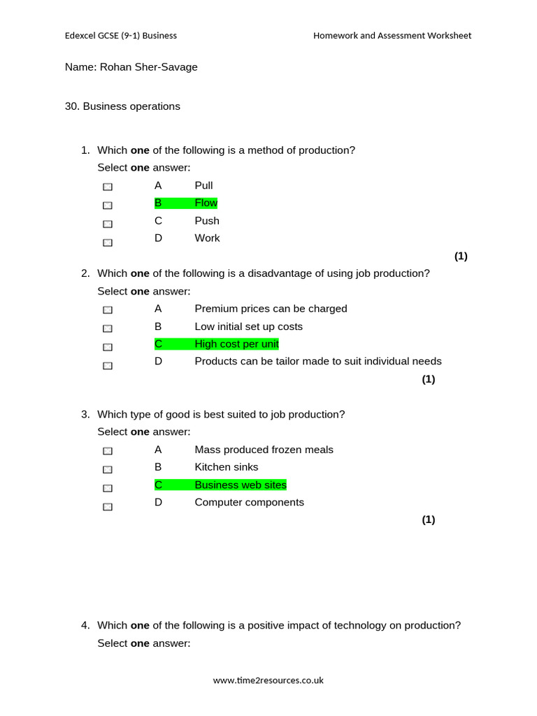 Edexcel GCSE Business Operations Worksheet | PDF | Demand | Mass Production