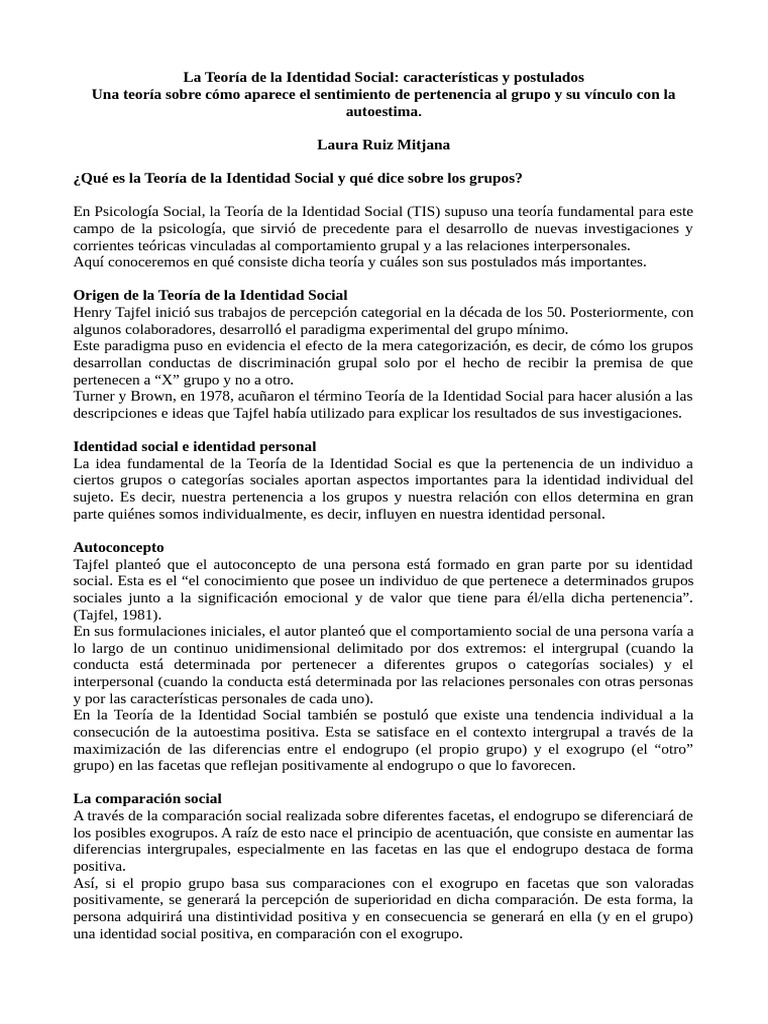 Teoría de la Identidad Social: Claves y Postulados | PDF | Conceptos ...