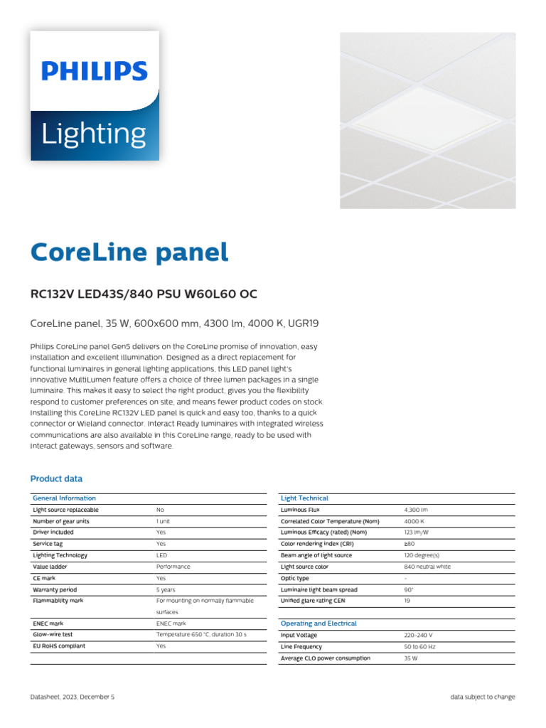 MS.45-Philips CoreLine Panel | PDF | Lighting | Light Emitting Diode