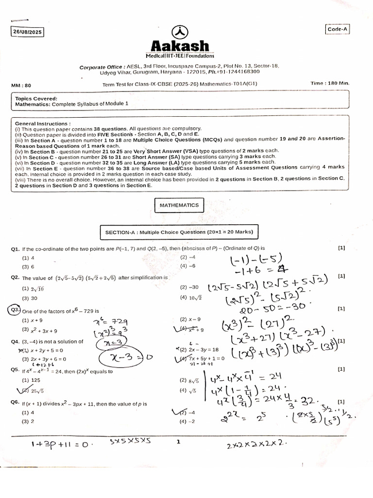 Aakash Term Test - 1 Math Question 2025-26 | PDF | Classical Geometry ...