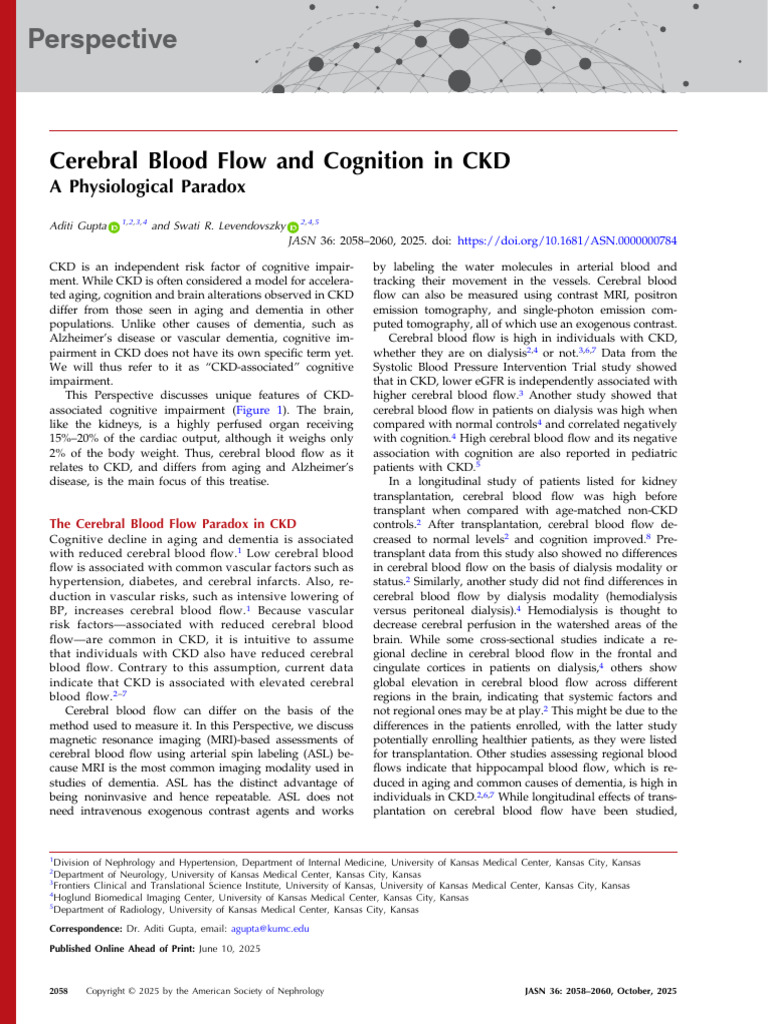 Cerebral Blood Flow and Cognition in Ckd a.18 | PDF | Chronic Kidney ...