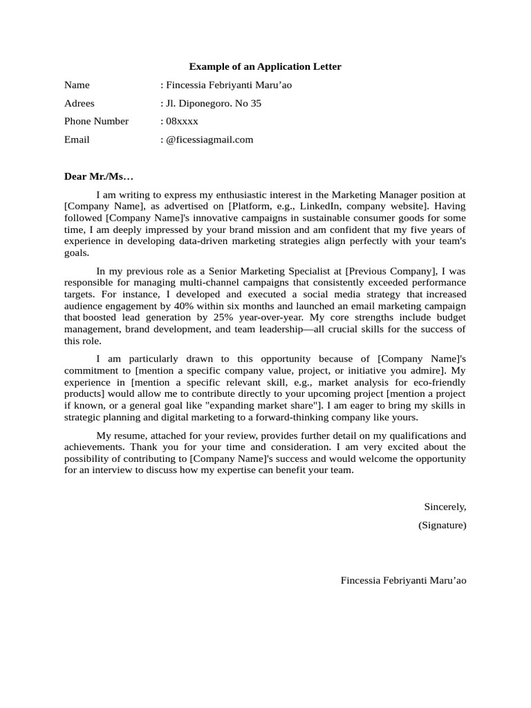 Example of an Application Letter | PDF