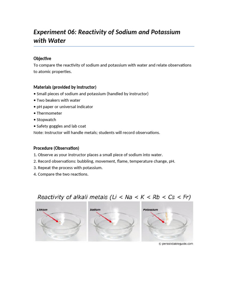 Experiment 06-Reactivity of Sodium and Potassium With Water | PDF