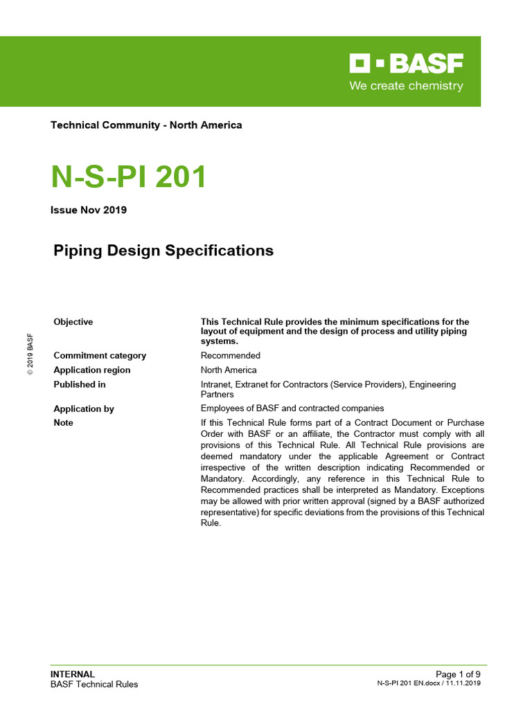BASF Piping Design Specifications Guide | PDF | Pipe (Fluid Conveyance ...