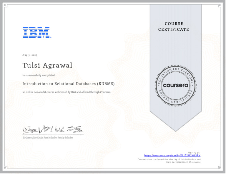 IBM RDBMS Course Completion Certificate | PDF
