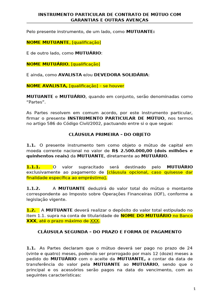 Contrato de Mútuo com Garantias e Cláusulas | PDF | Empréstimos | Juros