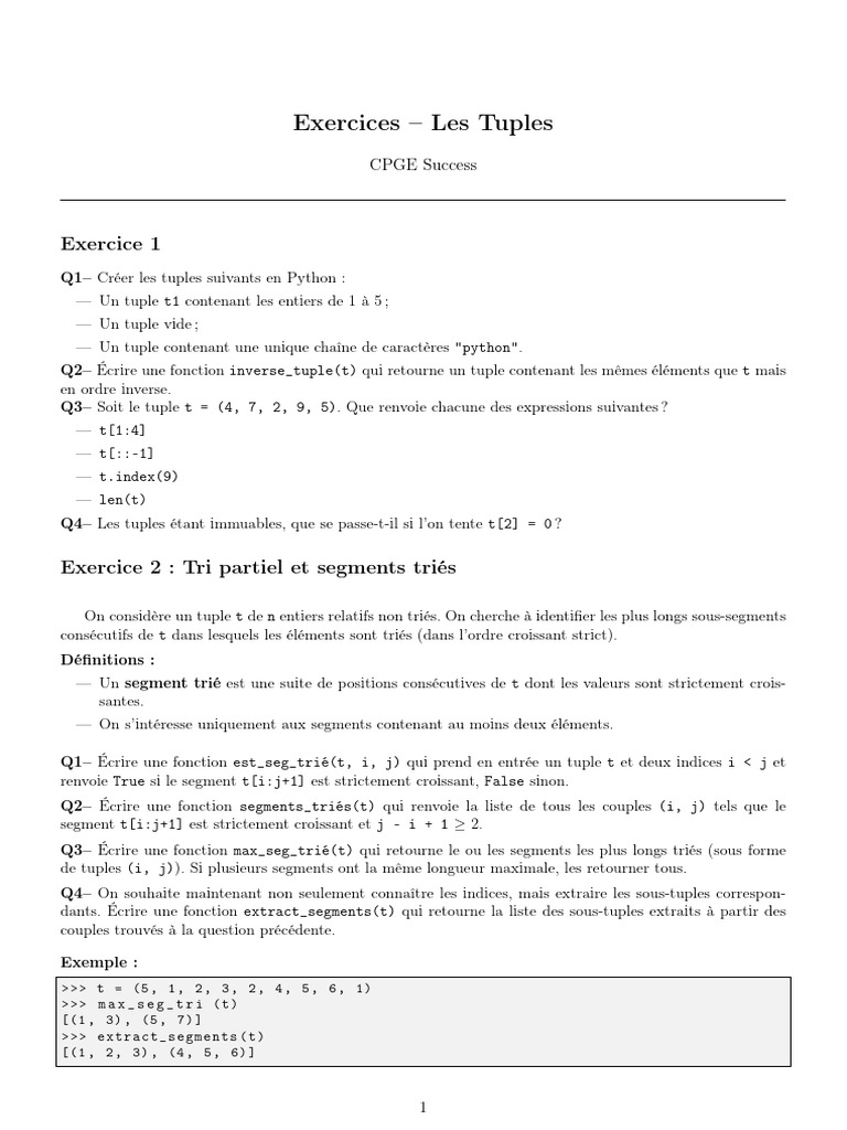 Exercices sur les Tuples en Python | PDF
