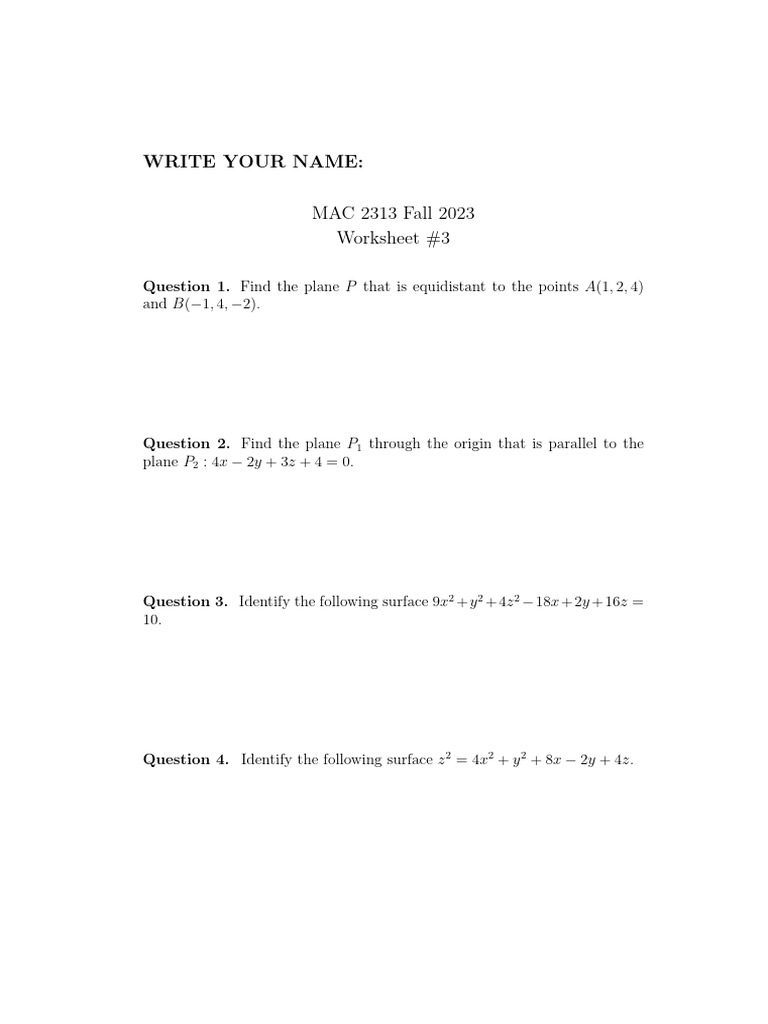 MAC 2313 Fall 2023 Worksheet #3 | PDF