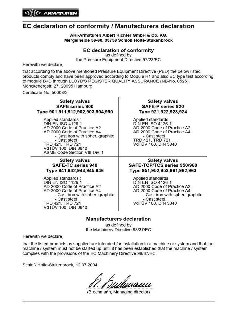 EC Declaration of Conformity for Safety Valves | PDF
