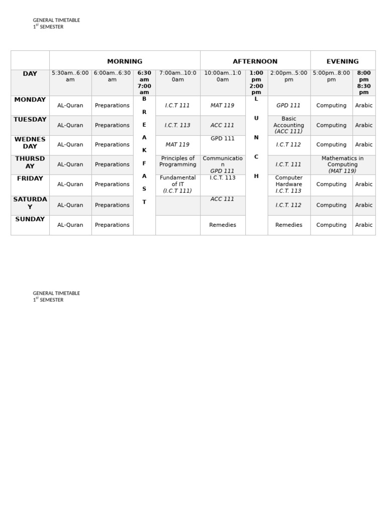 Timetable | PDF