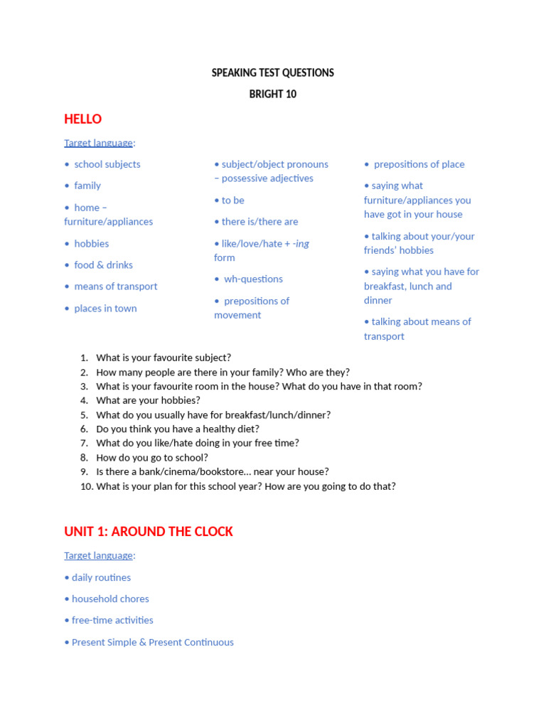 Speaking Test Questions for ESL Learners | PDF | Linguistics | Syntax