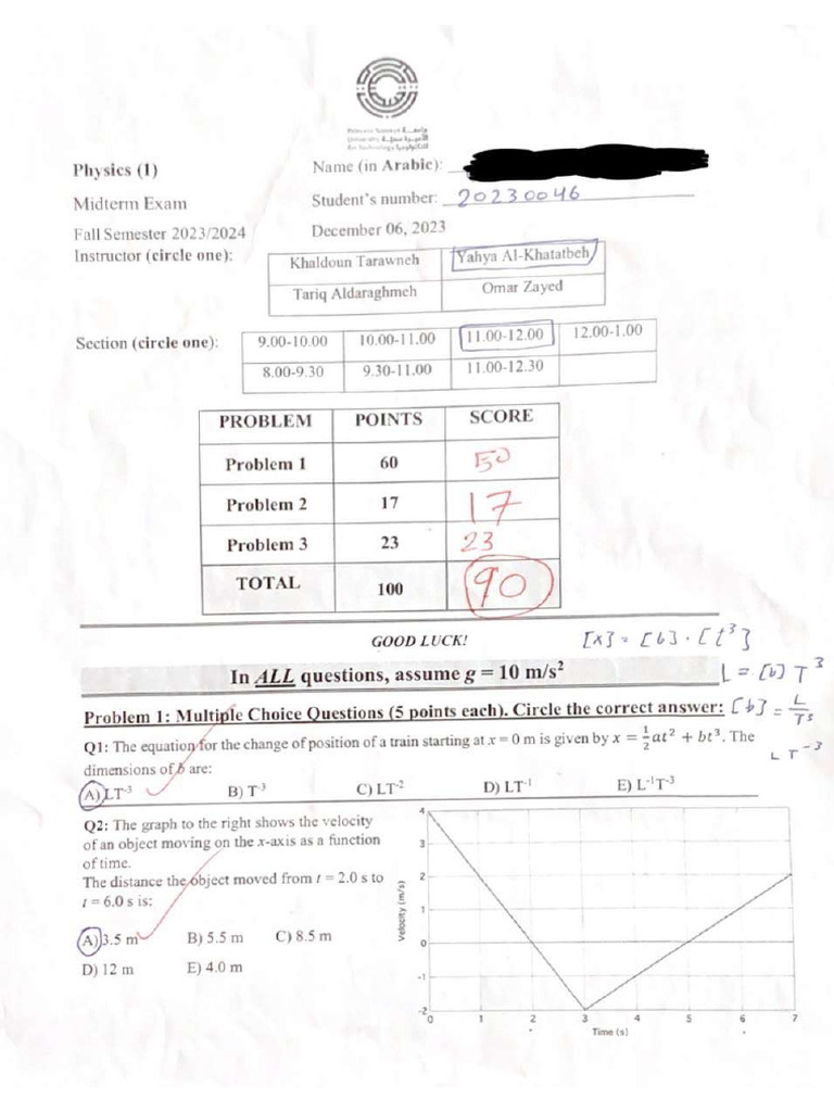 Physics 1 Midterm Exam Fall 2023 | PDF