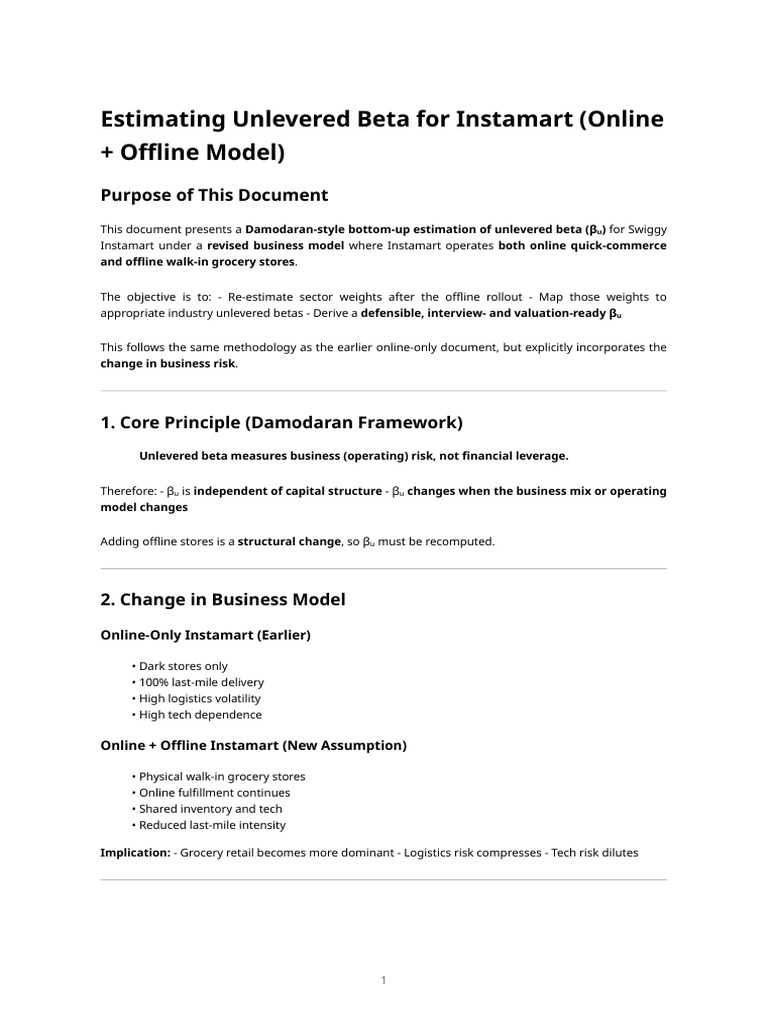 Estimating Unlevered Beta For Instamart (Online + Offline Model) | PDF ...