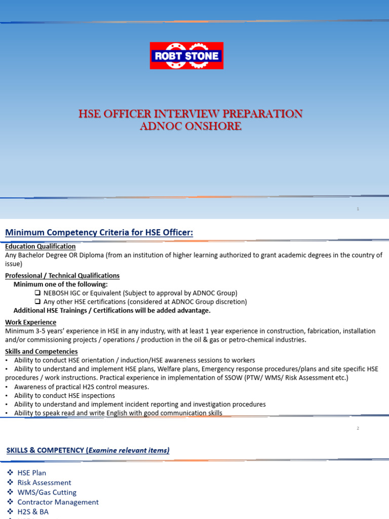 ADNOC HSE Officer Interview Guide | PDF | Scaffolding | Risk Management