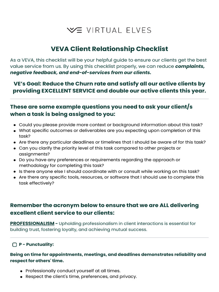 VEVA Client Relationship Checklist | PDF | Leadership | Cognition