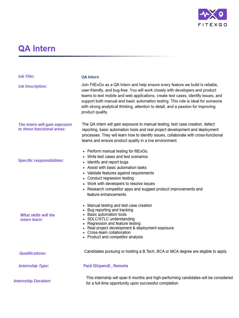 fitexgo_JD_QA_intern | PDF | Internship | Job Hunting