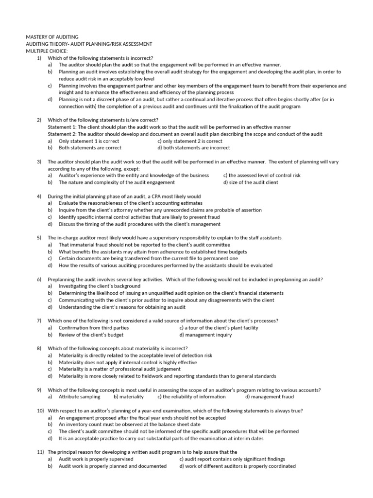 Audit Planning and Risk Assessment Quiz | PDF | Audit | Internal Control