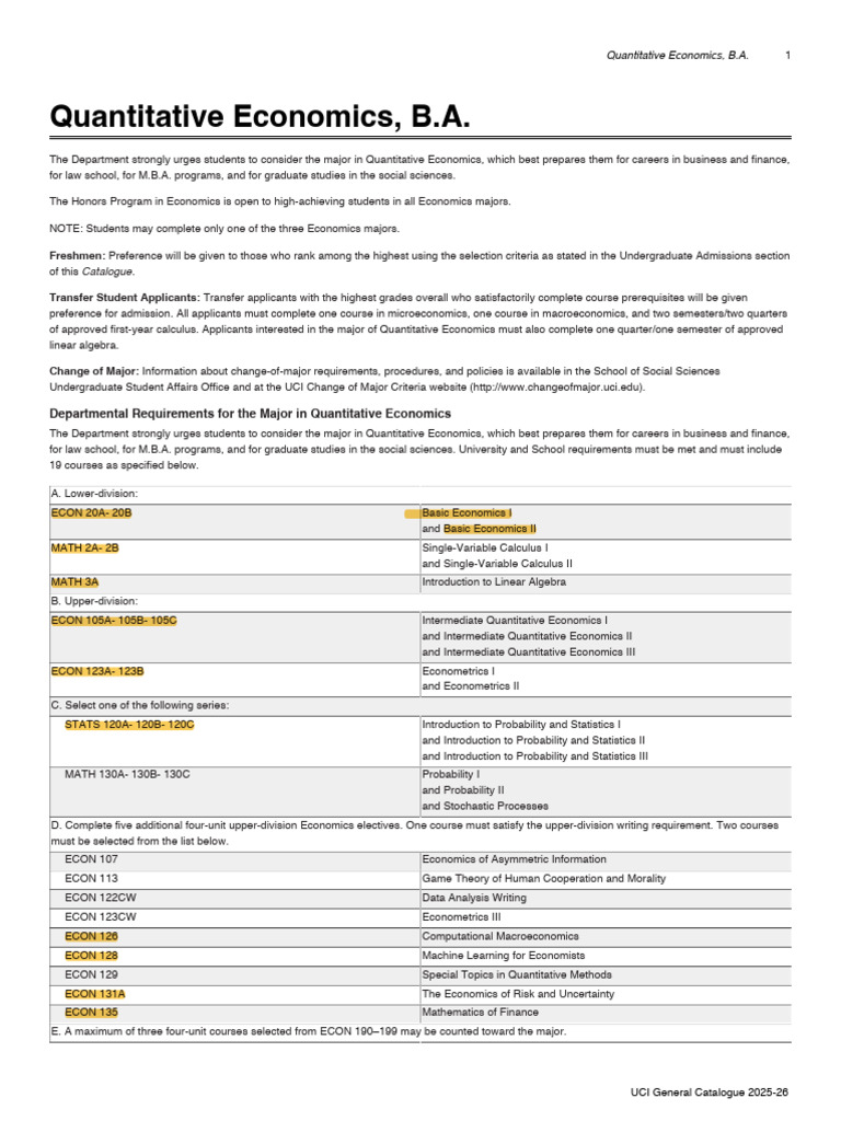 Quantitative Economics B.A. Program Guide | PDF | Economics | Statistics