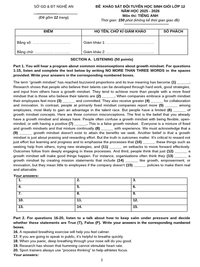 English Exam for 12th Grade Students | PDF | Taste | Senses