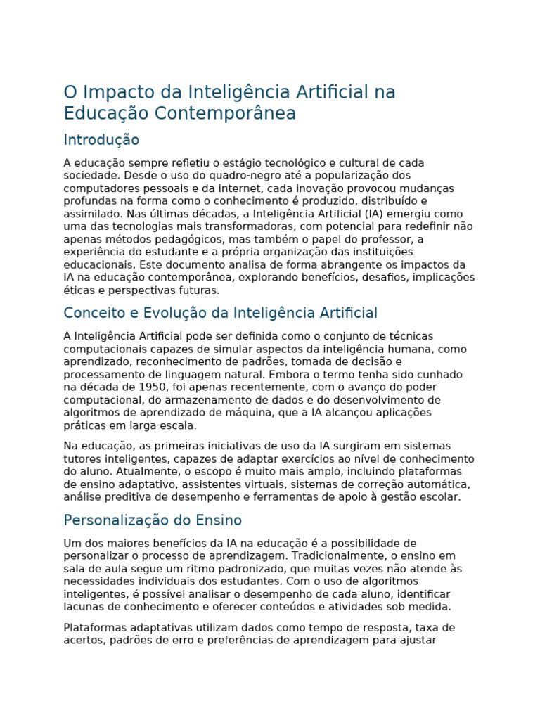 Impactos da IA na Educação Atual | PDF | Inteligência artificial ...