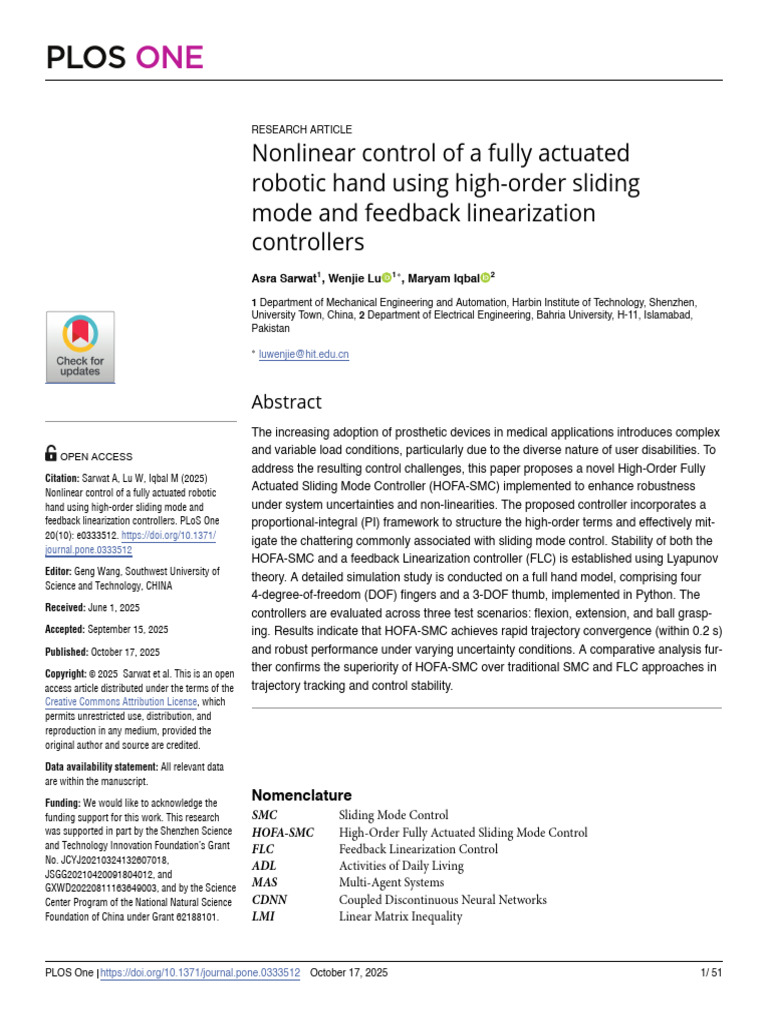 Nonlinear Control of A Fully Actuated Robotic Hand | PDF | Control ...